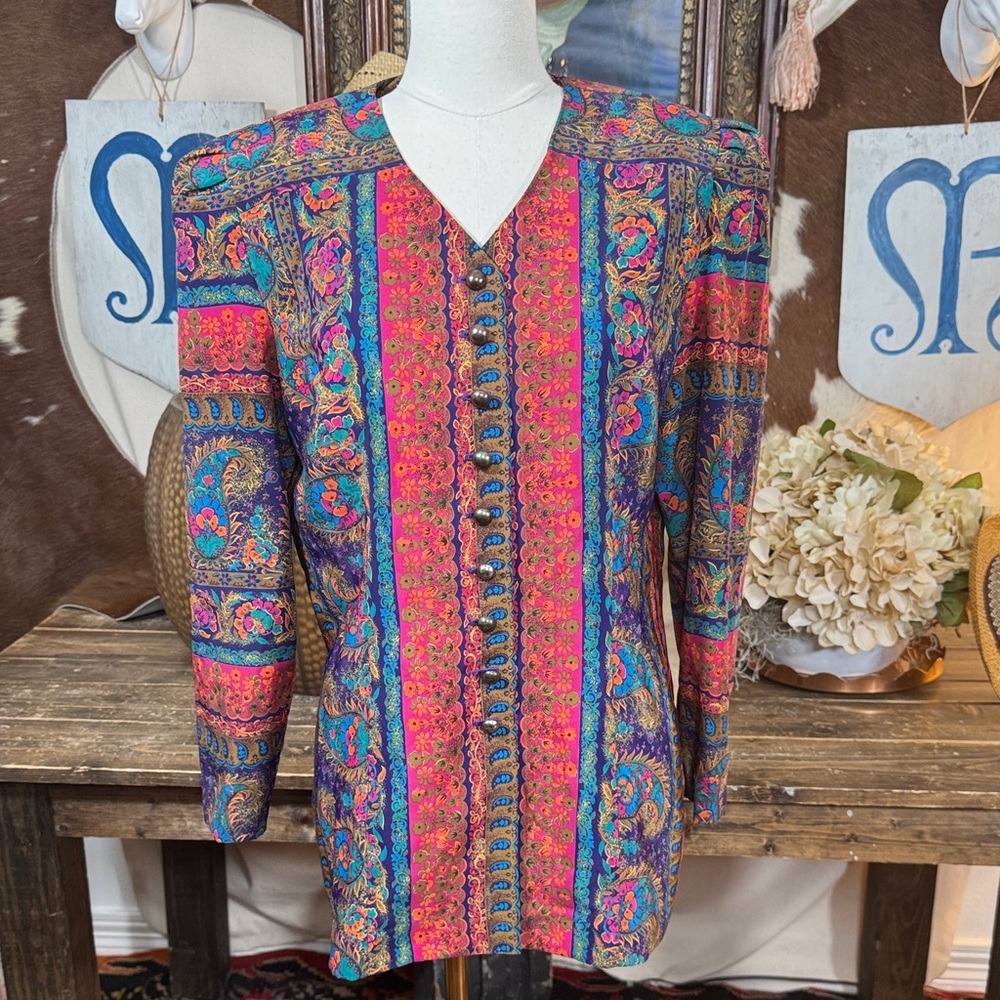 Vintage Lady Carol Petites Vibrant Multicolor Patterned Blouse